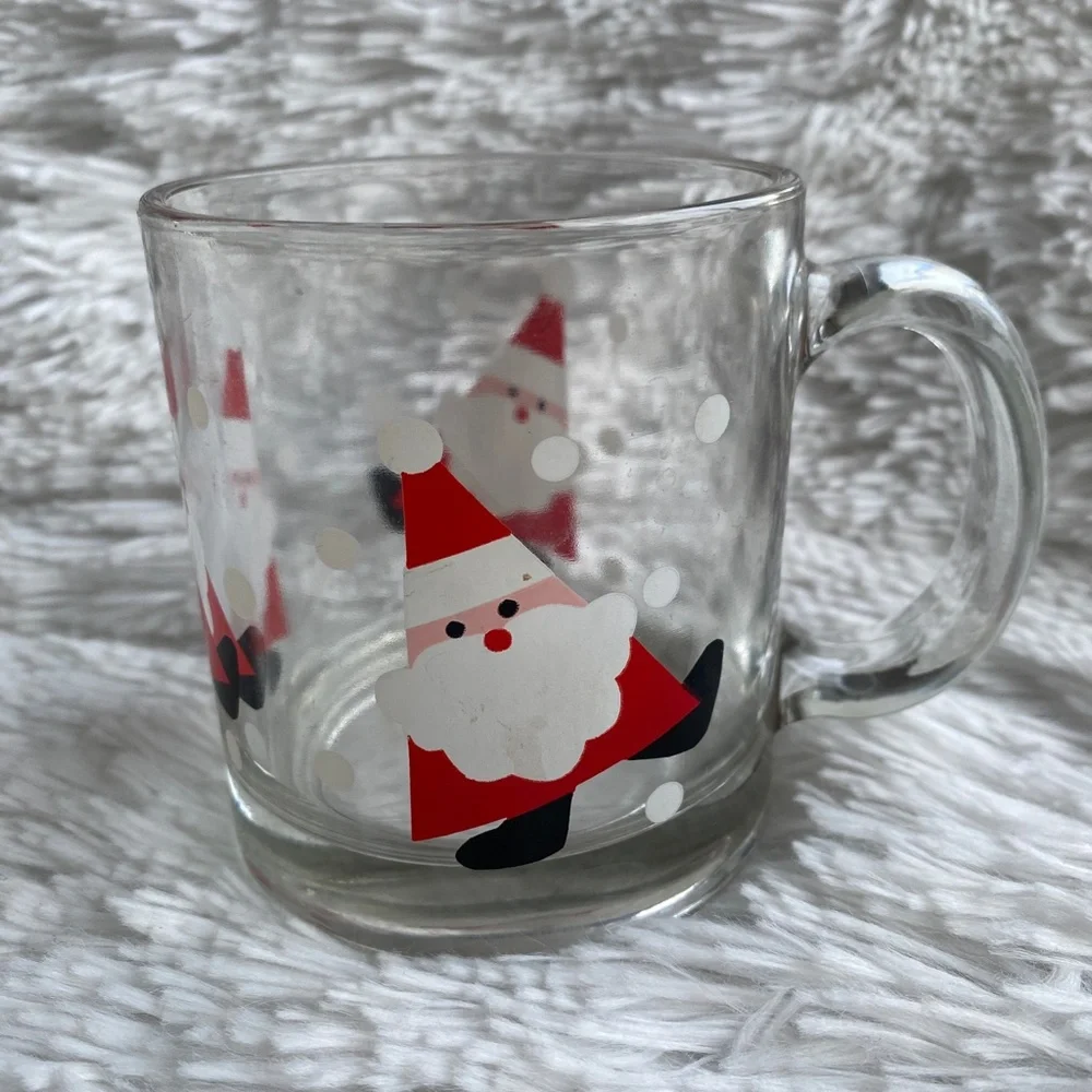 CRATE & BARREL Dancing Santas Glass Cocoa Coffee Mug